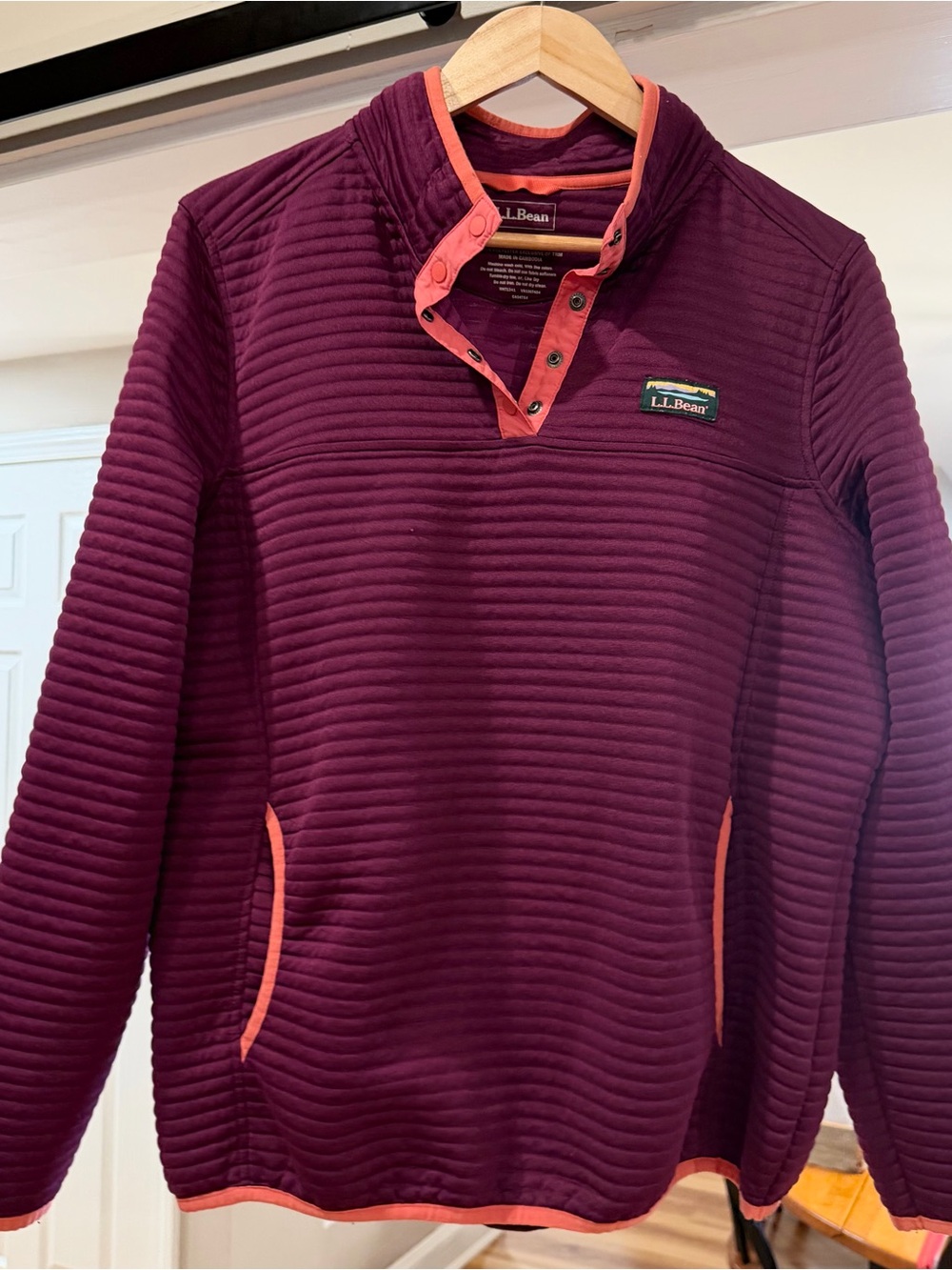 L.L. Bean Quilted Pullover in Plum with Coral Trim